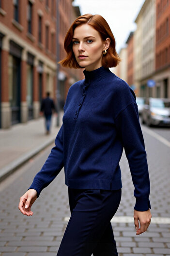 PayBuy Pulover de tricotat pentru femei, albastru bleumarin, cu croiala normala, cu guler ridicat, cu maneca scurta, ofera eleganta casual si confort, calitate