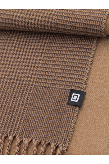 OMBRE Double-sided men's checkered scarf with tassels - brown and beige V2 OM-ACSF-0118