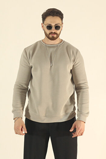 EydaMoon Men's Basic Winter Fleece-Lined Sweatshirt - Stone Regular Crew Neck