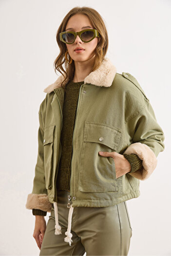 Olalook Women's Khaki Fur Detailed Cotton Gabardine Coat Kbn-19000017