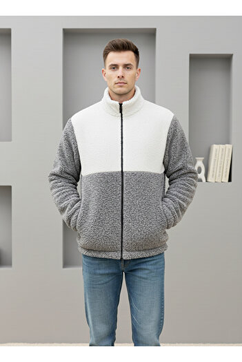 SR Tekstil Trendy, Unisex, Grey-White, Color Block, Zipper, Stand Collar, Sherpa, Fleece, Jacket