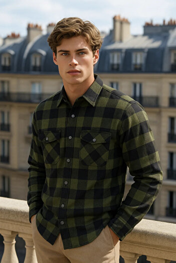 COMBİNE MİCHAİL Men's Long Sleeve Winter Khaki Lumberjack Shirt