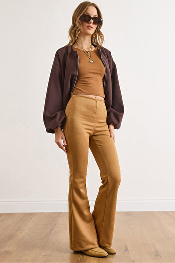 Olalook Women's Camel Spanish Leg Lycra Suede Trousers Pnt-19000372