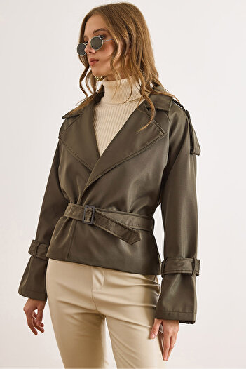 Olalook Women's Khaki Lined Belted Short Bondit Trench Coat Trc-00000014
