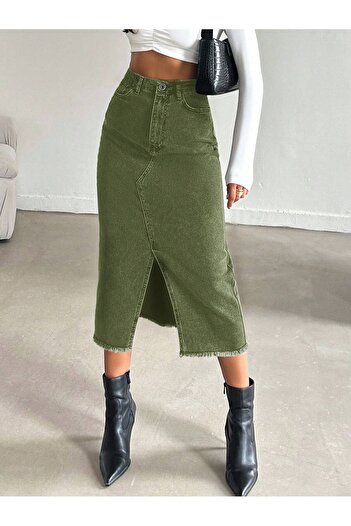 Dema Women's Denim Cotton Slit Long Khaki Skirt