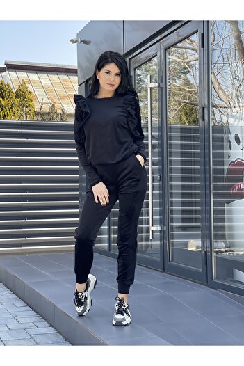 RAMONA BADESCU EXCLUSIVE Women's Velvet Tracksuit with Ruffles – Casual & Elegant