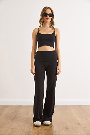 Olalook Women's Black Folded Waist Soft Flowy Pants Pnt-19000373