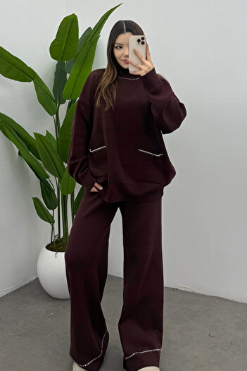 Bipantolon Women's Burgundy Turtleneck Pocket Detailed Sweater Pants Knitwear Set
