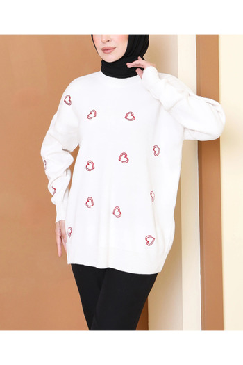hayal giyim Heart Embroidered Knit Sweater - White
