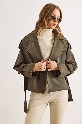 Olalook Women's Khaki Lined Belted Short Bondit Trench Coat Trc-00000014
