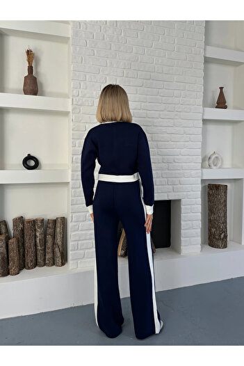 orjinal blue b Navy Blue Lion Embellished Stripe Detail Long Sleeve Crop-Pants Knitwear Cotton Women's Top-And-Bottom Set
