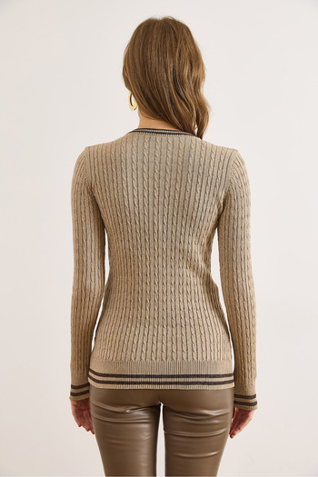 Olalook Women's Stone V-Neck Stripe Detailed Hair Knitwear Sweater Kzk-19001027