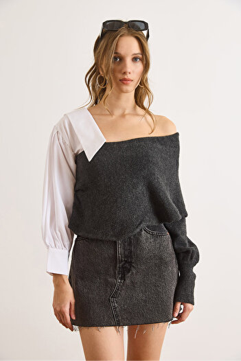 Olalook Women's Anthracite Poplin Detailed Trend Knitwear Sweater Kzk-19001029