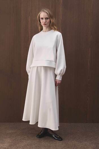 Hooopstore Balon Kol Scuba Ecru Skirted Suit
