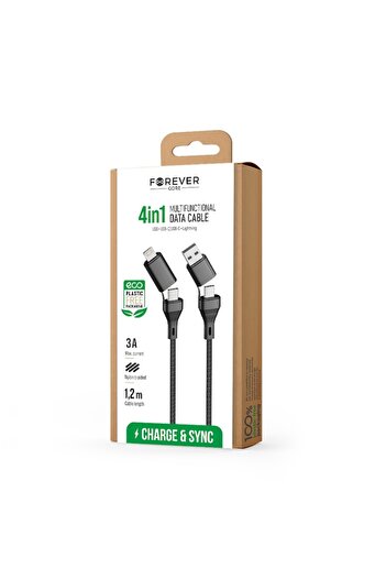 Forever Cablu 4 în 1 (USB-A / USB-C / USB-C / Lightning), 1,2 m, Negru