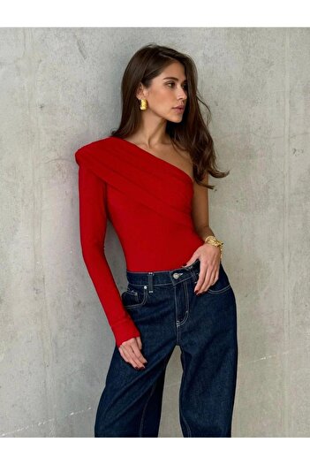 Be Best Women's Red One-Sleeve Cross Neck Snap Body Be178
