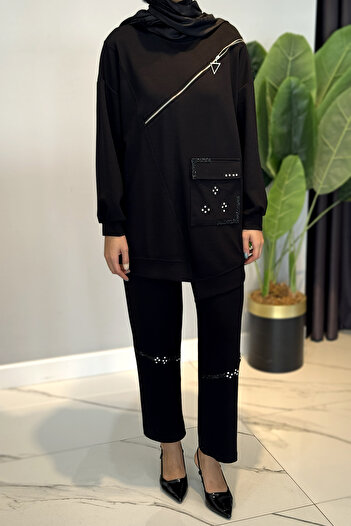 Lale Butik Stone and Zipper Detailed Modal Suit 120276 Black