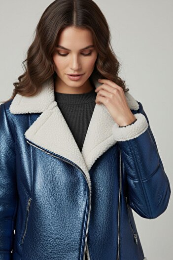 Deriderim Violet Saks Blue Zippered Biker Women's Genuine Fur Coat