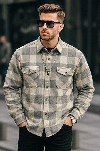 COMBİNE MİCHAİL Men's Basic Thick Oversize Gray Shirt