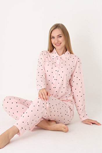 NBB 100% Cotton, Front Buttoned, Polka Dot, Shirt Collar, Women's Pajama Set, Salmon