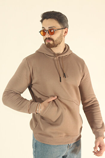 EydaMoon Men's Basic Winter Fleece-Lined Sweatshirt - Brown Regular Side Pocket Hoodie