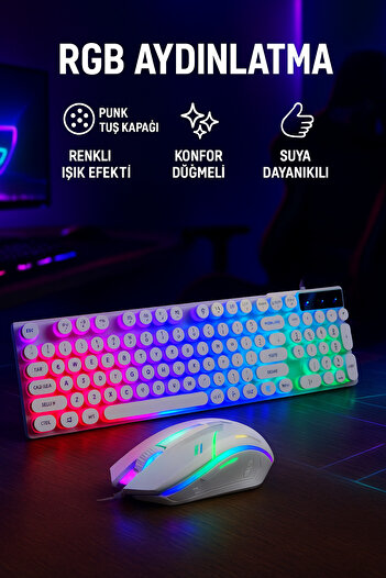 CROW'S TECH RGB Işıklı USB Kablolu Klavye Mouse Seti Ultra Slim Suya Dayanıklı Klavye Mause seti