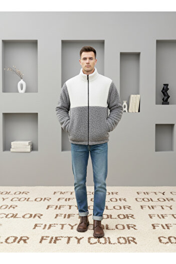 Fifty Color Premium, Unisex, Grey-White, Color Block, Zipper, Stand Collar, Sherpa, Fleece, Jacket