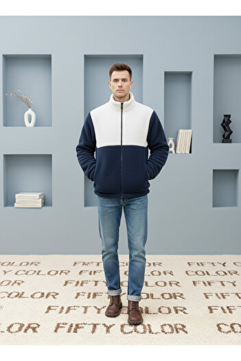 VİPER Unisex, Navy Blue-White, Color Block, Zipper, Stand Collar, Sherpa, Fleece, Jacket