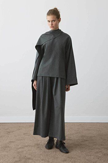 Hooopstore High Waist Draped Pleated Detail Anthracite Trousers