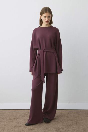 Hooopstore Comfortable Cut Burganya Trousers Set with Tie at the Waist