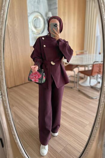 Ka Hijab Shoulder Buttoned Trench Suit - Burgundy