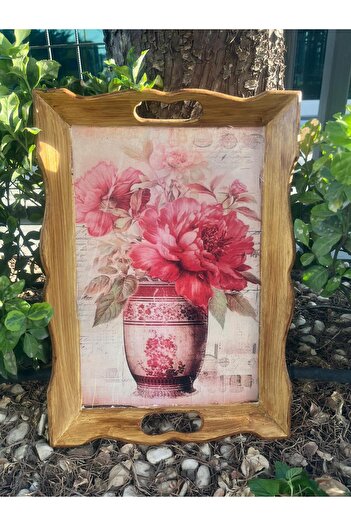 DERYA DESİNG ART Flower Patterned Hand Painted Wooden Tea-Coffee Tray, Presentation Tray 41X30Cm