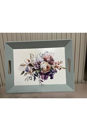 DERYA DESİNG ART Flower Patterned Hand Painted Wooden Tea-Coffee Tray, Presentation Tray 42X31Cm