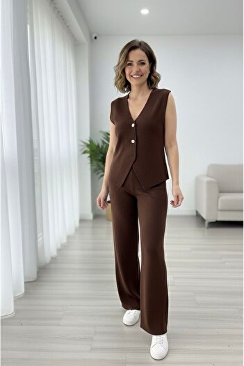 Cemre Life Women's Button Detailed - Vest Pants Knitwear Set