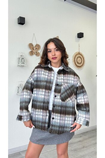 modadagiyim Women's Winter Single Pocket Detailed Checkered Plaid Lumberjack Shirt