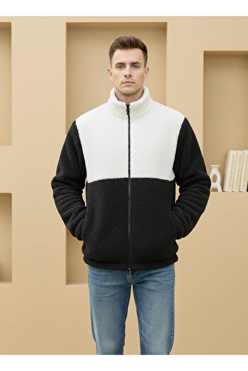 VİPER Unisex, Black-White, Color Block, Zipper, Stand Collar, Sherpa, Fleece, Jacket