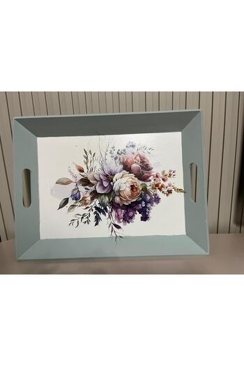 DERYA DESİNG ART Flower Patterned Hand Painted Wooden Tea-Coffee Tray, Presentation Tray 39X31Cm