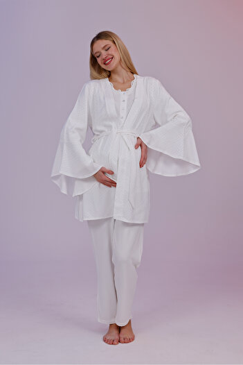 Mio Vero Women's Jacquard Flutter Sleeve Cotton Maternity Pajama Set with Dressing Gown, 3-Piece Set