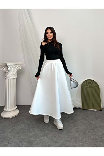 Hatun Atila Elastic Waist Scuba Fabric Flared Skirt 8936 - White