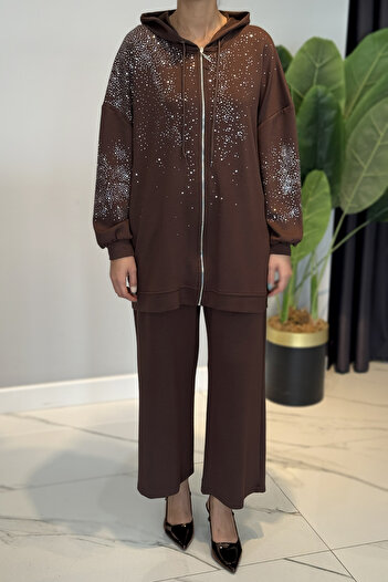 Lale Butik Stone Detail Modal Suit 120270 Brown