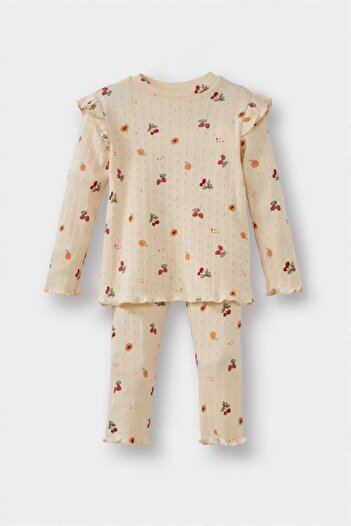 DeFacto Baby Girls Pajamas Set Fruit Pattern Long Sleeve Ribbed Camisole Top Long Bottom (25 Wn)