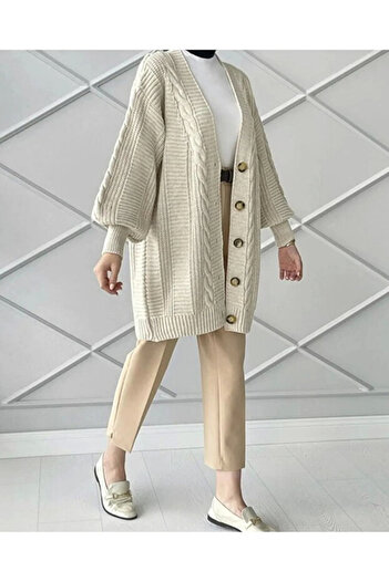H&E LUXURY DESIGN Black Hair Knit Balloon Sleeve Soft Textured Long Women's Knitwear Cardigan