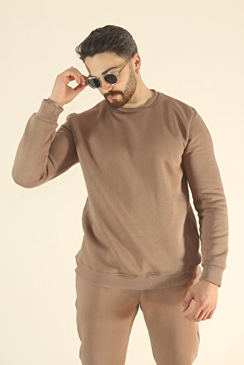 INFLUYENTE Men's Winter Tracksuit Set Sweatshirt Jogger - Brown Regular Soft Crew Neck