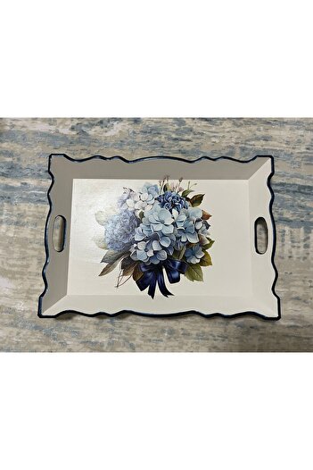 DERYA DESİNG ART Ortanca Patterned Hand Painted Wooden Tea-Coffee Tray, Presentation Tray 34X24Cm