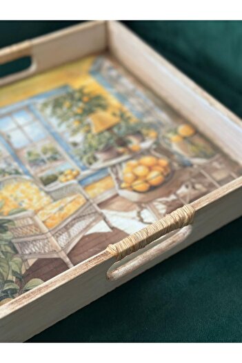DERYA DESİNG ART Landscape Patterned Square Hand-Painted Wooden Tea-Coffee Tray, Presentation Tray 30X30Cm