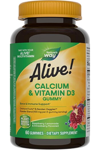 Alive Nature's Way Calcium + D3 60 Gummies – Bone & Immune Support, Orchard Fruits & Garden Veggie