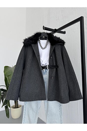 FERZOLAİO Anthracite Cashmere Coat with Fur Collar