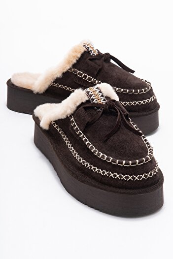 LuviShoes Yalina Brown Suede Genuine Leather Stitched Fur Women's Platform Sole Moccasin Slippers