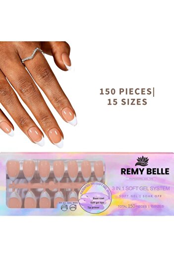 Remy Belle French Gel Nail Tips 150 pcs, 15 Sizes - White French Tip Almond, Pre-Applied Primer & Ba