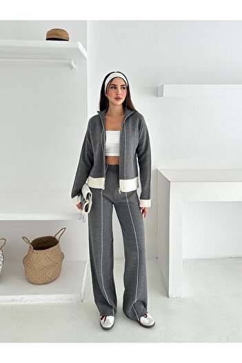 MAXXANA Stand Collar Cardigan and High Waist Pants Two-Piece Knitwear Set
